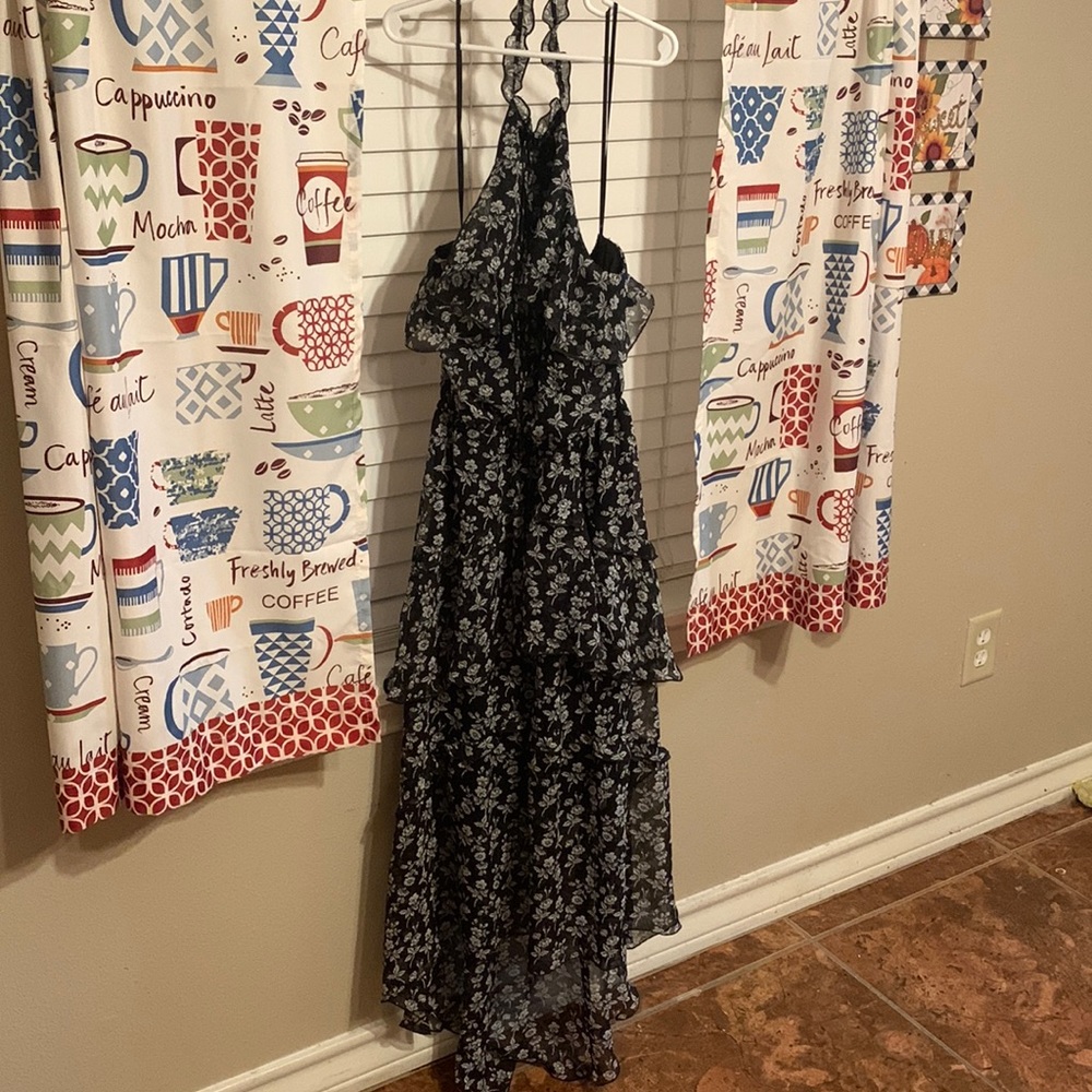 Black and white floral, formal dress with open back